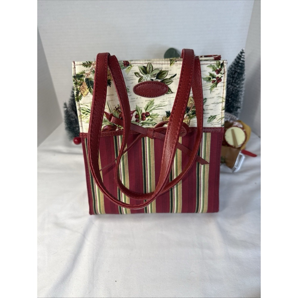 Longaberger Mini Christmas Tote Red and Green Stripes with Poinsettas Ivy Fabric